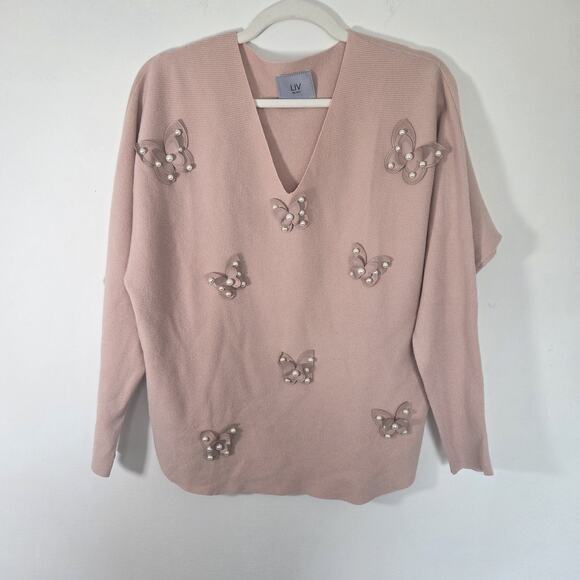 M & M Sweaters - LIV Milano‎ Pink V Neck Sweater Butterfly Leather Detail Womens Size M/L